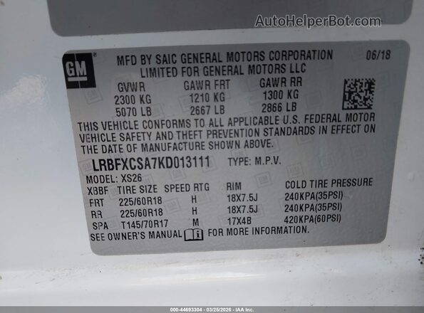 LRBFXCSA7KD013111 2019 BUICK ENVISION White Vista del compartimento del motor