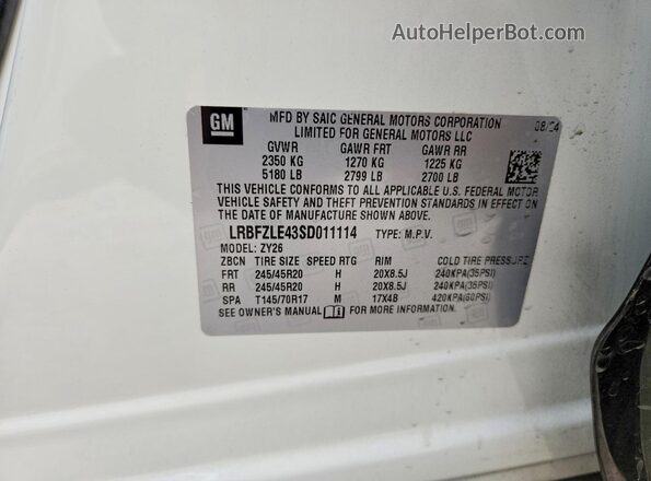LRBFZLE43SD011114 2025 BUICK ENVISION White VIN კოდის სტიკერის ხედი
