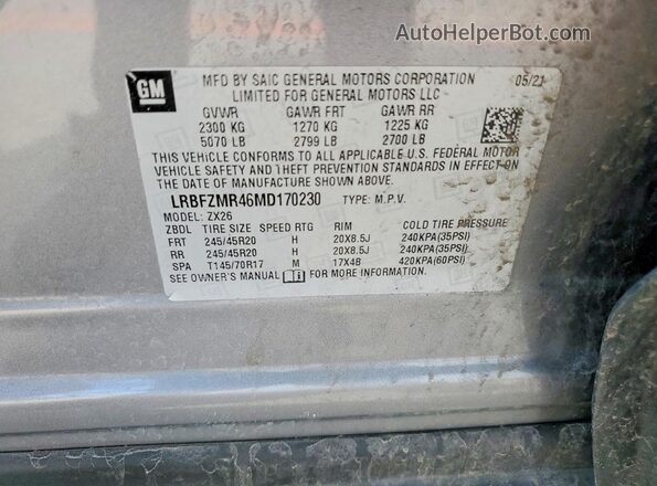 LRBFZMR46MD170230 2021 BUICK ENVISION Серебряный Вид наклейки с VIN-кодом