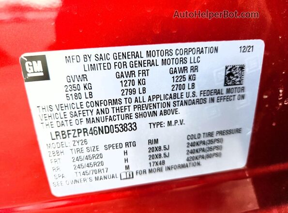 LRBFZPR46ND053833 2022 BUICK ENVISION Красный 