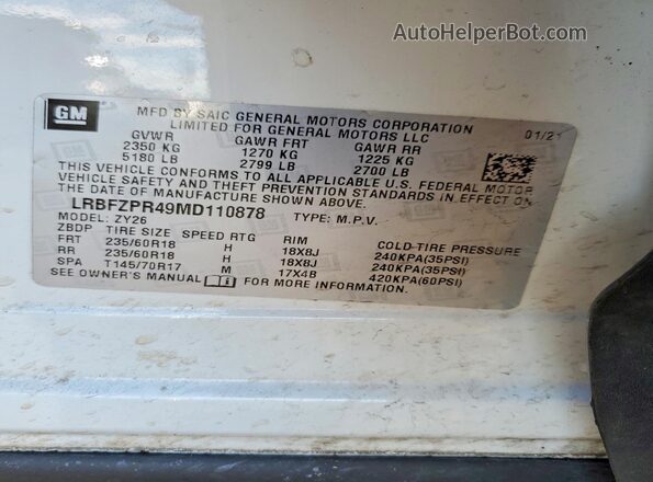 LRBFZPR49MD110878 2021 BUICK ENVISION White Widok naklejki z numerem VIN