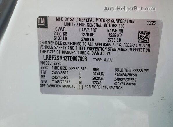 LRBFZSR43TD007893 2026 BUICK ENVISION White Вид наклейки з VIN-кодом