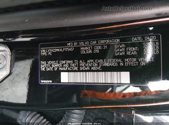 LVYA22MK4LP175457 2020 VOLVO S90 Black Engine compartment view