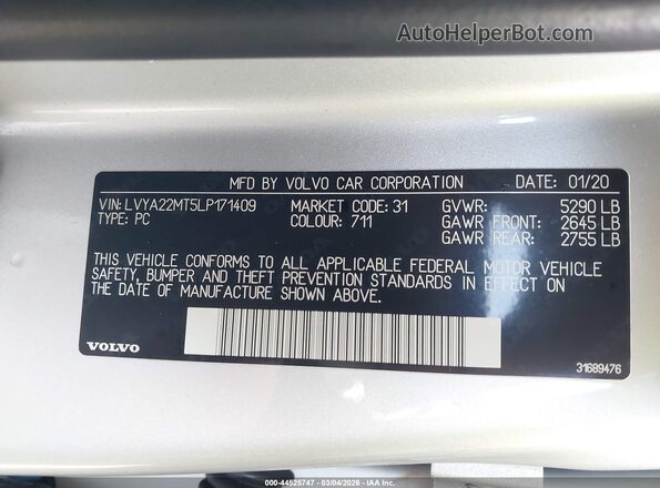 LVYA22MT5LP171409 2020 VOLVO S90 Silver Շարժիչի բաժամունքի տեսք