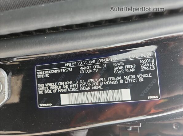 LVYA22MT9LP175754 2020 VOLVO S90 Black ძრავის განყოფილების ხედი