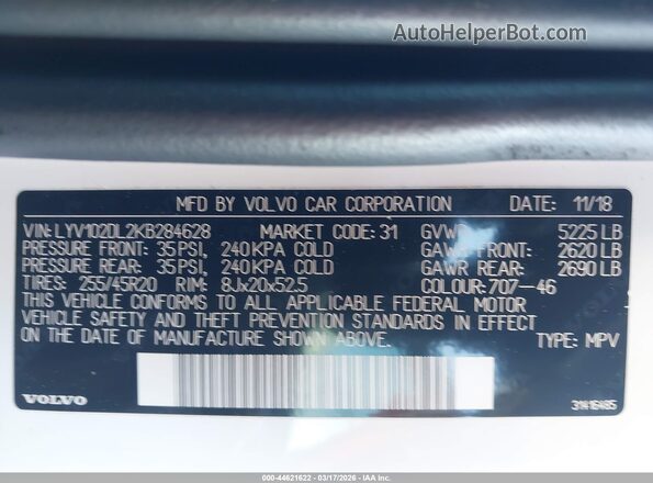 LYV102DL2KB284628 2019 VOLVO XC60 White Вид підкапотного простору