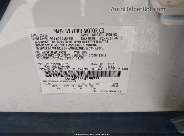 MAJ3P1TE6JC199227 2018 FORD ECOSPORT Белый Вид подкапотного пространства