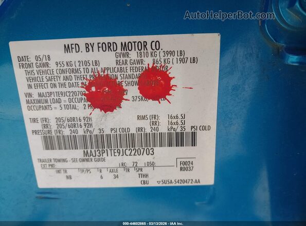 MAJ3P1TE9JC220703 2018 FORD ECOSPORT Blue 