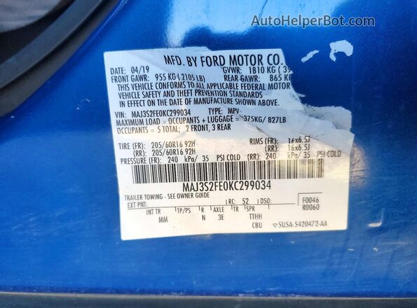 MAJ3S2FE0KC299034 2019 FORD ECOSPORT Blue 