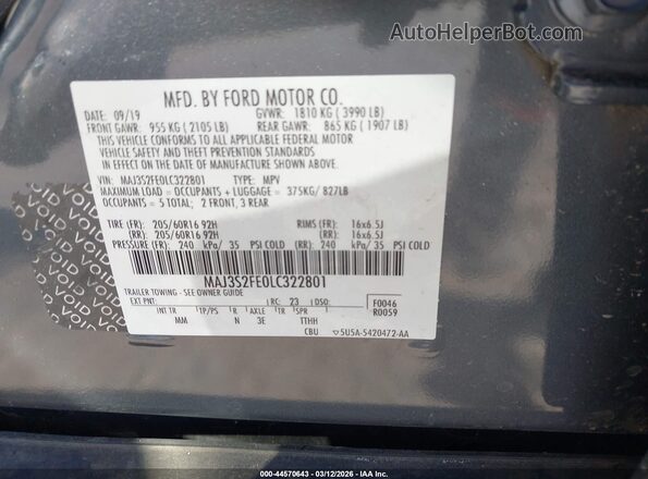 MAJ3S2FE0LC322801 2020 FORD ECOSPORT Gray Շարժիչի բաժամունքի տեսք