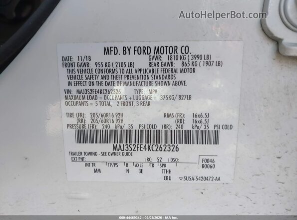 MAJ3S2FE4KC262326 2019 FORD ECOSPORT White Vista del compartimento del motor