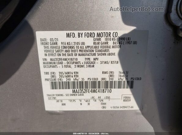 MAJ3S2FE4MC418710 2021 FORD ECOSPORT Silver Շարժիչի բաժամունքի տեսք