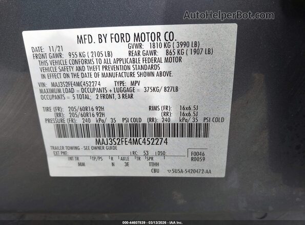 MAJ3S2FE4MC452274 2021 FORD ECOSPORT Gray 