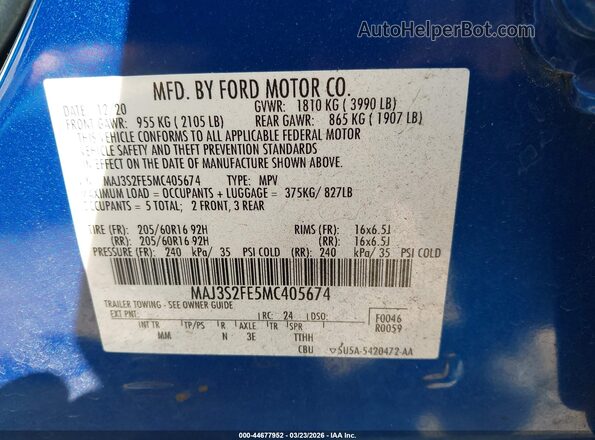 MAJ3S2FE5MC405674 2021 FORD ECOSPORT Blue Вид підкапотного простору