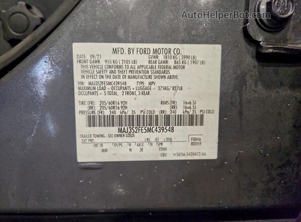 MAJ3S2FE5MC439548 2021 FORD ECOSPORT Charcoal VIN կոդի պիտակի տեսք