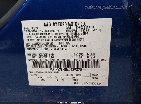 MAJ3S2FE8MC439320 2021 FORD ECOSPORT Blue Շարժիչի բաժամունքի տեսք
