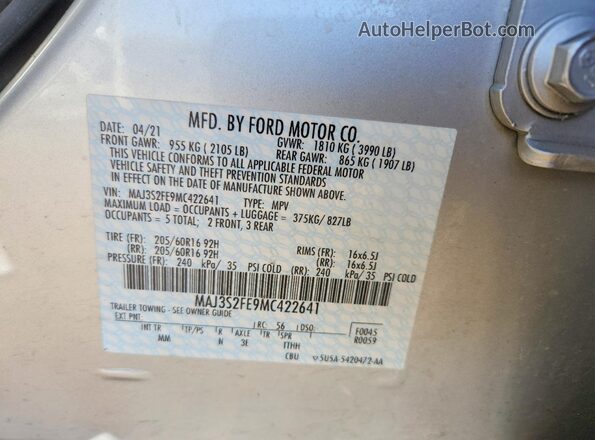 MAJ3S2FE9MC422641 2021 FORD ECOSPORT Silver VIN კოდის სტიკერის ხედი