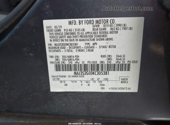 MAJ3S2GE0KC305381 2019 FORD ECOSPORT Gray 