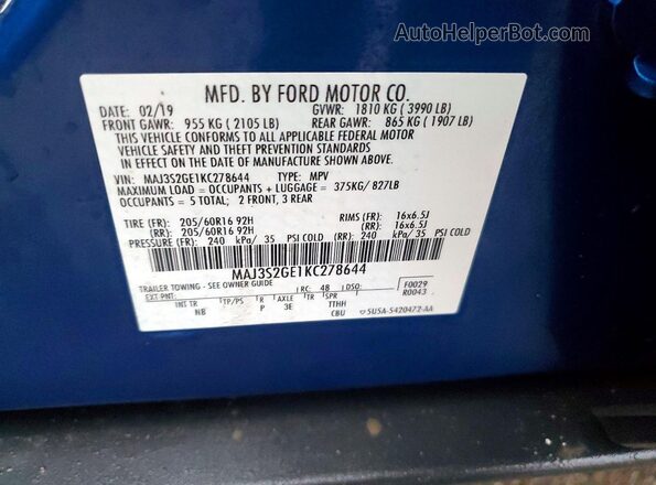 MAJ3S2GE1KC278644 2019 FORD ECOSPORT Blue 