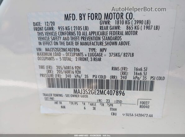 MAJ3S2GE2MC407896 2021 FORD ECOSPORT White Engine compartment view