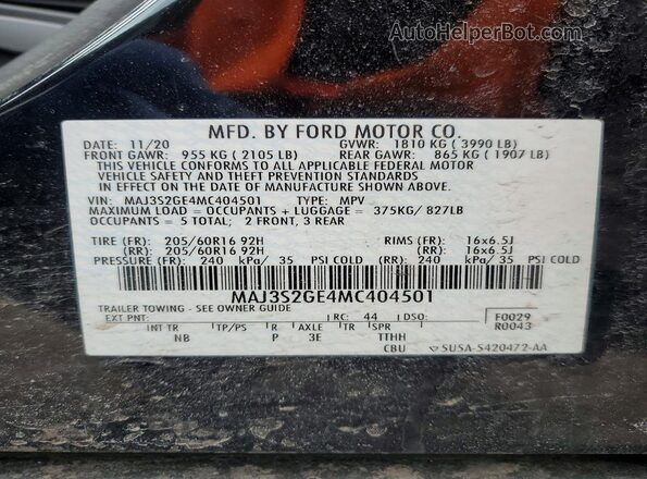MAJ3S2GE4MC404501 2021 FORD ECOSPORT Black VIN կոդի պիտակի տեսք