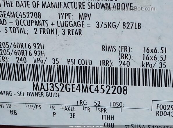 MAJ3S2GE4MC452208 2021 FORD ECOSPORT Red Vista del compartimento del motor