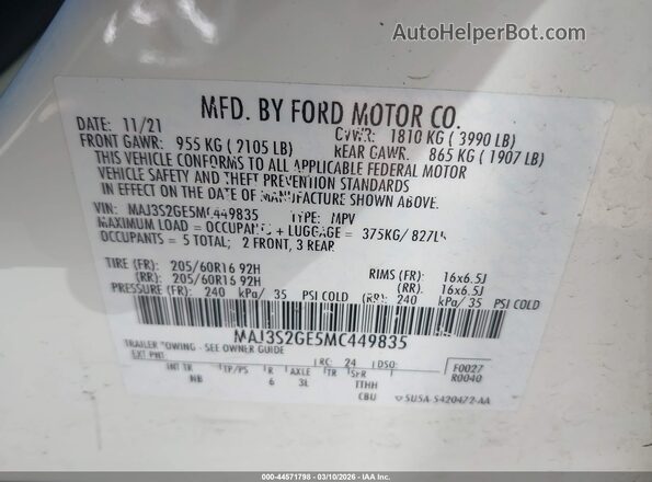 MAJ3S2GE5MC449835 2021 FORD ECOSPORT White Engine compartment view