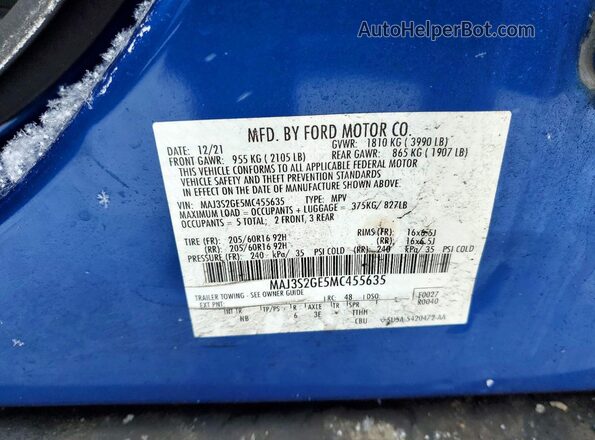 MAJ3S2GE5MC455635 2021 FORD ECOSPORT Blue Vista de la etiqueta del VIN