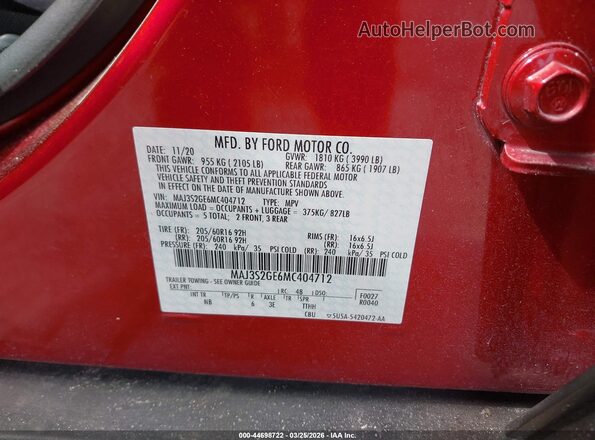 MAJ3S2GE6MC404712 2021 FORD ECOSPORT Red Widok komory silnika