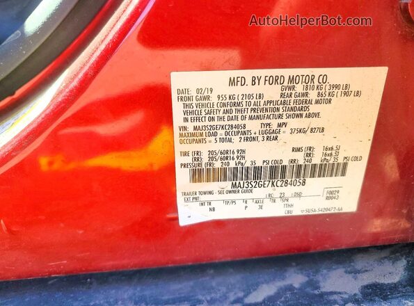MAJ3S2GE7KC284058 2019 FORD ECOSPORT Red 