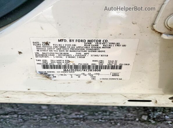 MAJ3S2GE7KC285808 2019 FORD ECOSPORT White 