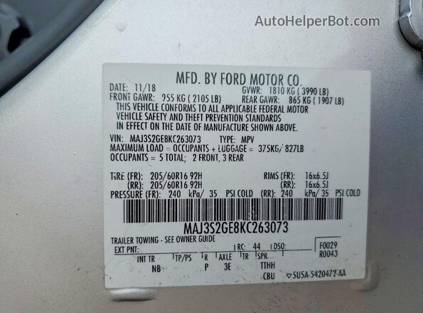 MAJ3S2GE8KC263073 2019 FORD ECOSPORT Silver 
