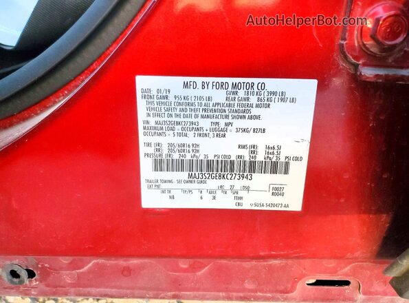 MAJ3S2GE8KC273943 2019 FORD ECOSPORT Red 