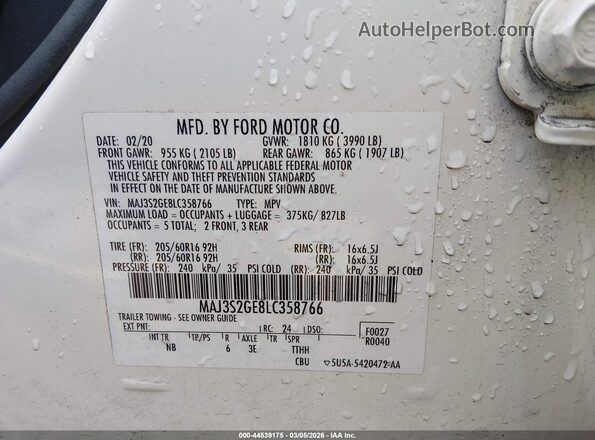 MAJ3S2GE8LC358766 2020 FORD ECOSPORT White Շարժիչի բաժամունքի տեսք
