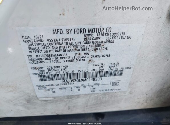 MAJ3S2GE9MC448333 2021 FORD ECOSPORT White Вид підкапотного простору