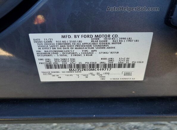MAJ3S2KE0MC449717 2021 FORD ECOSPORT Gray Widok naklejki z numerem VIN