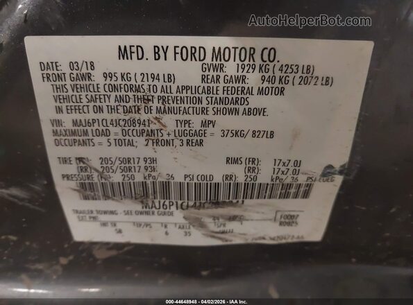 MAJ6P1CL4JC208941 2018 FORD ECOSPORT Gray 