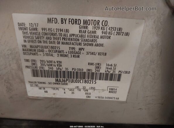 MAJ6P1UL0JC180215 2018 FORD ECOSPORT Silver Vista del compartimento del motor