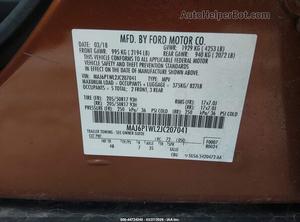 MAJ6P1WL2JC207041 2018 FORD ECOSPORT Orange 