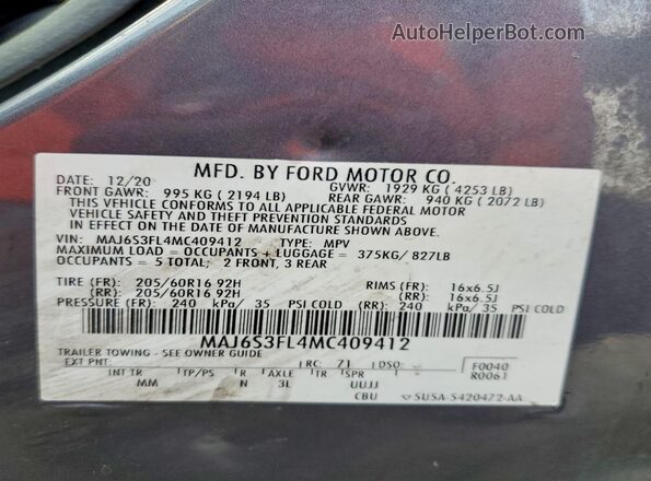 MAJ6S3FL4MC409412 2021 FORD ECOSPORT Charcoal Engine compartment view