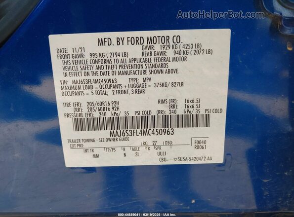 MAJ6S3FL4MC450963 2021 FORD ECOSPORT Blue ძრავის განყოფილების ხედი