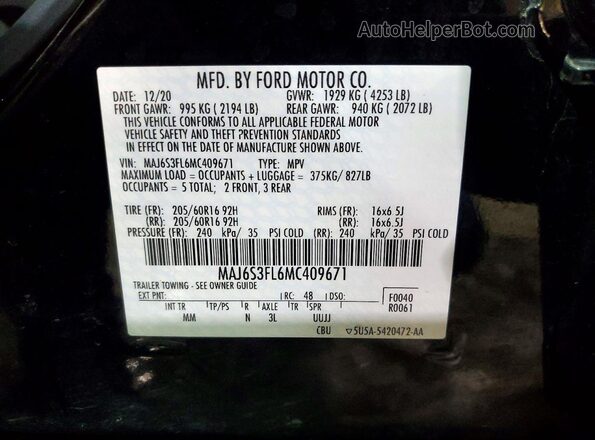 MAJ6S3FL6MC409671 2021 FORD ECOSPORT Black Vista de la etiqueta del VIN