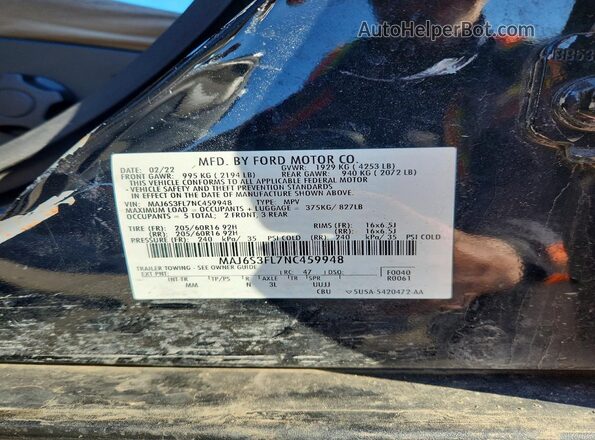 MAJ6S3FL7NC459948 2022 FORD ECOSPORT Black Вид наклейки з VIN-кодом