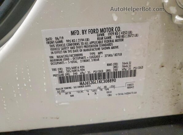 MAJ6S3GL1KC308890 2019 FORD ECOSPORT White Սալոնի 360 աստիճան տեսք