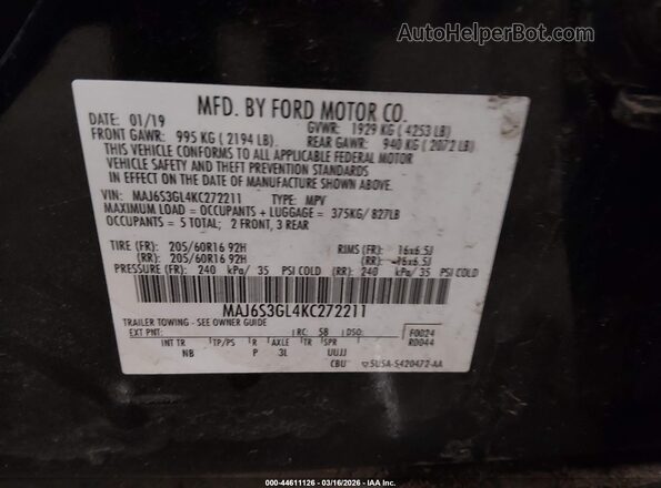MAJ6S3GL4KC272211 2019 FORD ECOSPORT Black Вид підкапотного простору