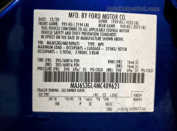 MAJ6S3GL4MC409621 2021 FORD ECOSPORT Blue Вид наклейки з VIN-кодом
