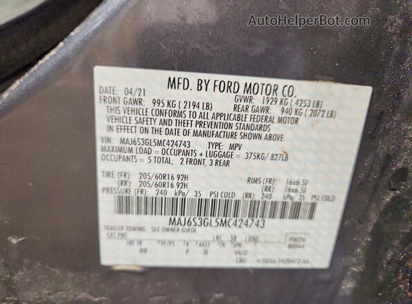 MAJ6S3GL5MC424743 2021 FORD ECOSPORT Gray 