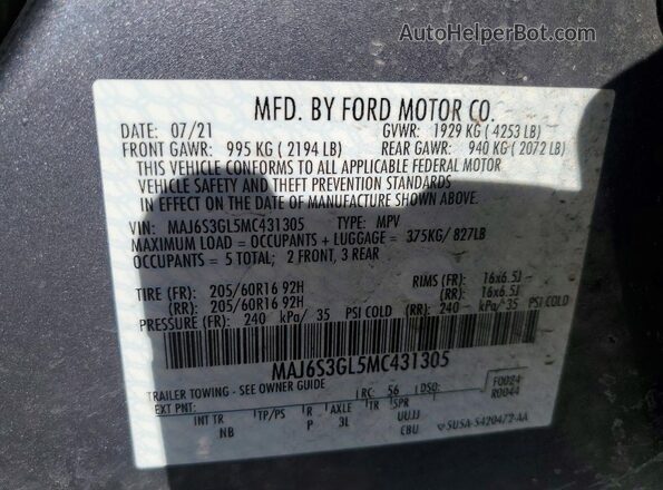 MAJ6S3GL5MC431305 2021 FORD ECOSPORT Gray 
