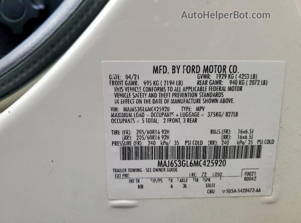 MAJ6S3GL6MC425920 2021 FORD ECOSPORT White VIN կոդի պիտակի տեսք