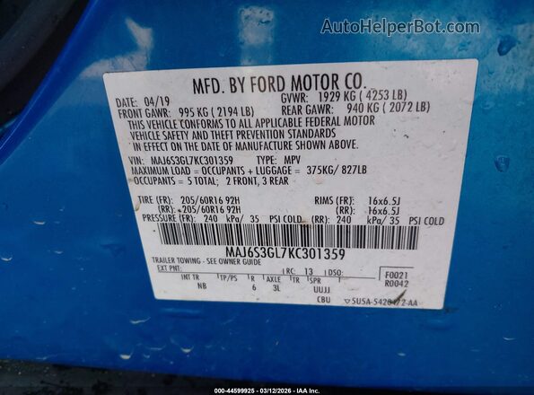 MAJ6S3GL7KC301359 2019 FORD ECOSPORT Blue Շարժիչի բաժամունքի տեսք